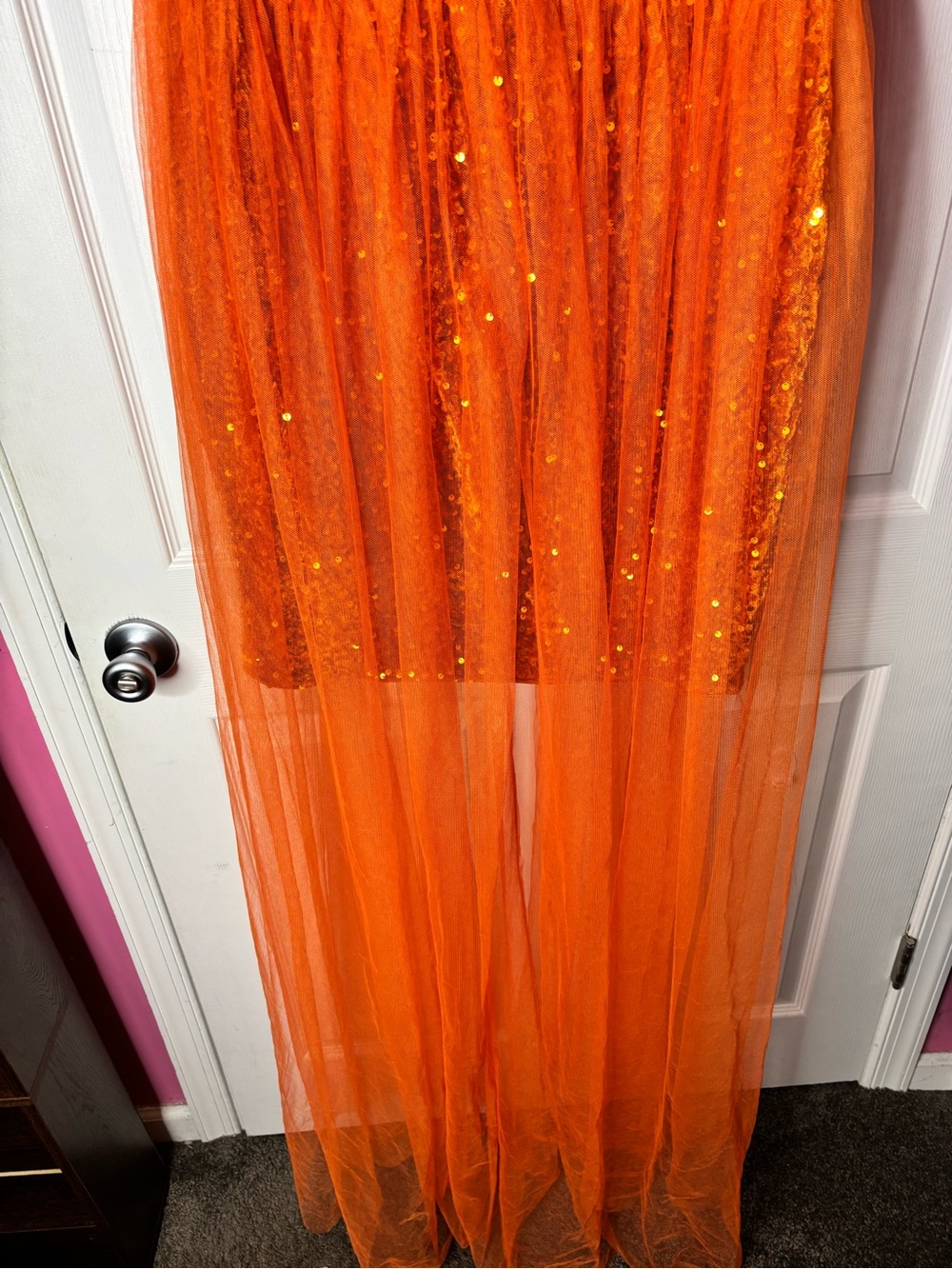 Faeriesty Plus Orange Sequin Party Dress Mesh Overlay Off Shoulder Puff Sleeve - Picture 8 of 9